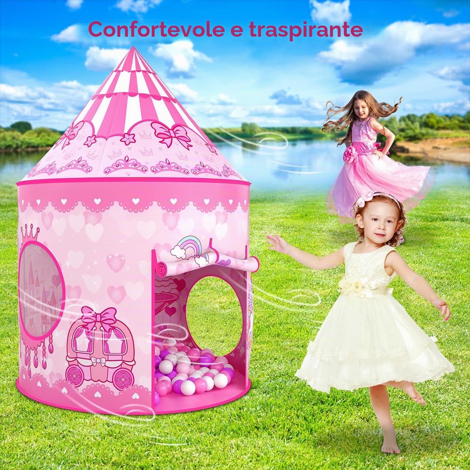Wilwolfer Tenda Gioco Pop-up + Tunnel Gioco + Piscina di Palline per Bambini - 3-in-1 Casetta per Neonati Bambine Bambini - Grande Casetta Giardino Interni ed Esterni (Tenda Principessa)