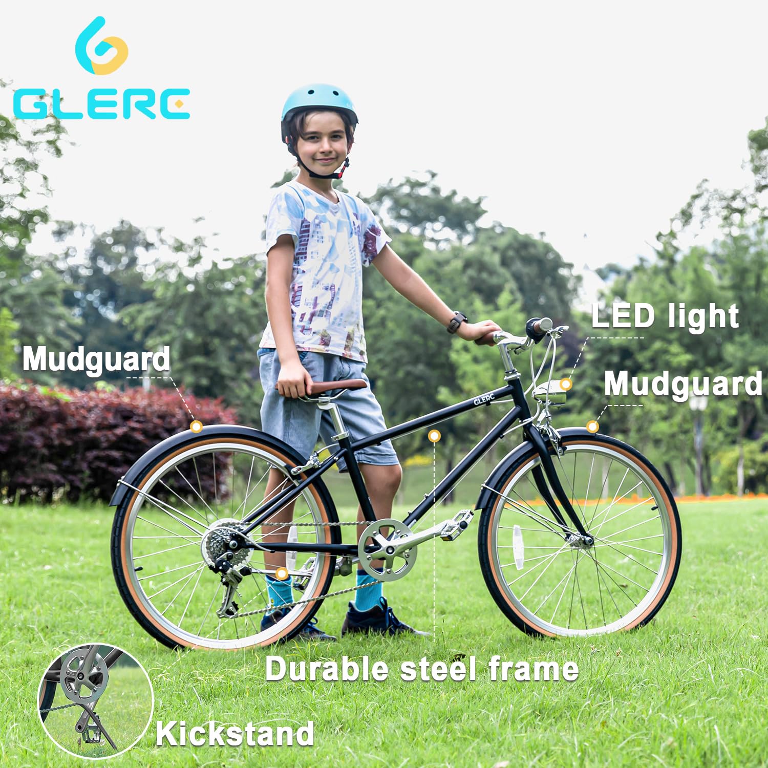 Glerc Bicicleta híbrida de 24 Pulgadas para niños de 8 a 12 años, 6 velocidades, para niños y niñas