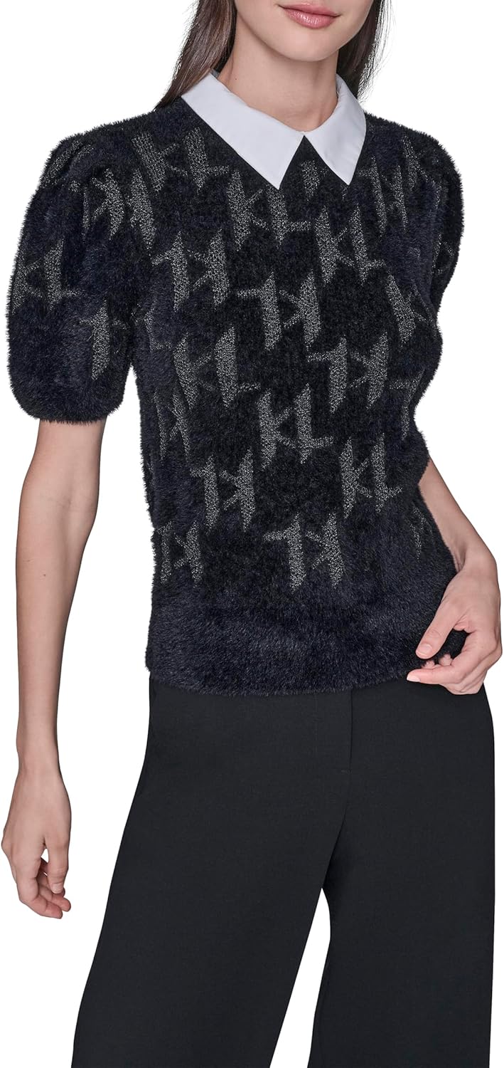 Karl Lagerfeld Women's Short Sleeve Collared Neck Puff Sleeve Logo Sweater