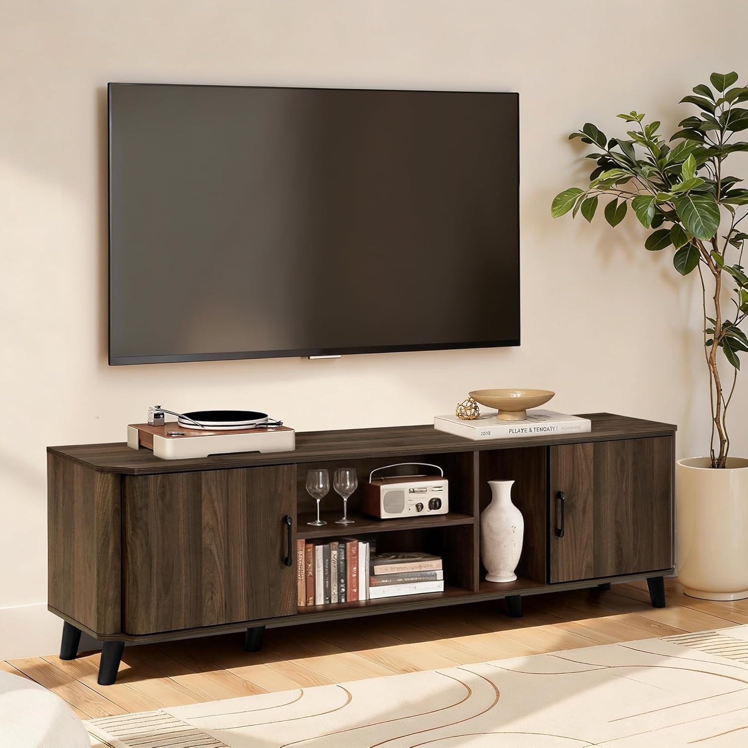 LuxenHome 70" Mid Century Modern TV Stands for Living Room for TVs Up to 75", Walnut Media Console Entertainment Center with Storage, Brown TV Consoles for Living Room with Curved Edge