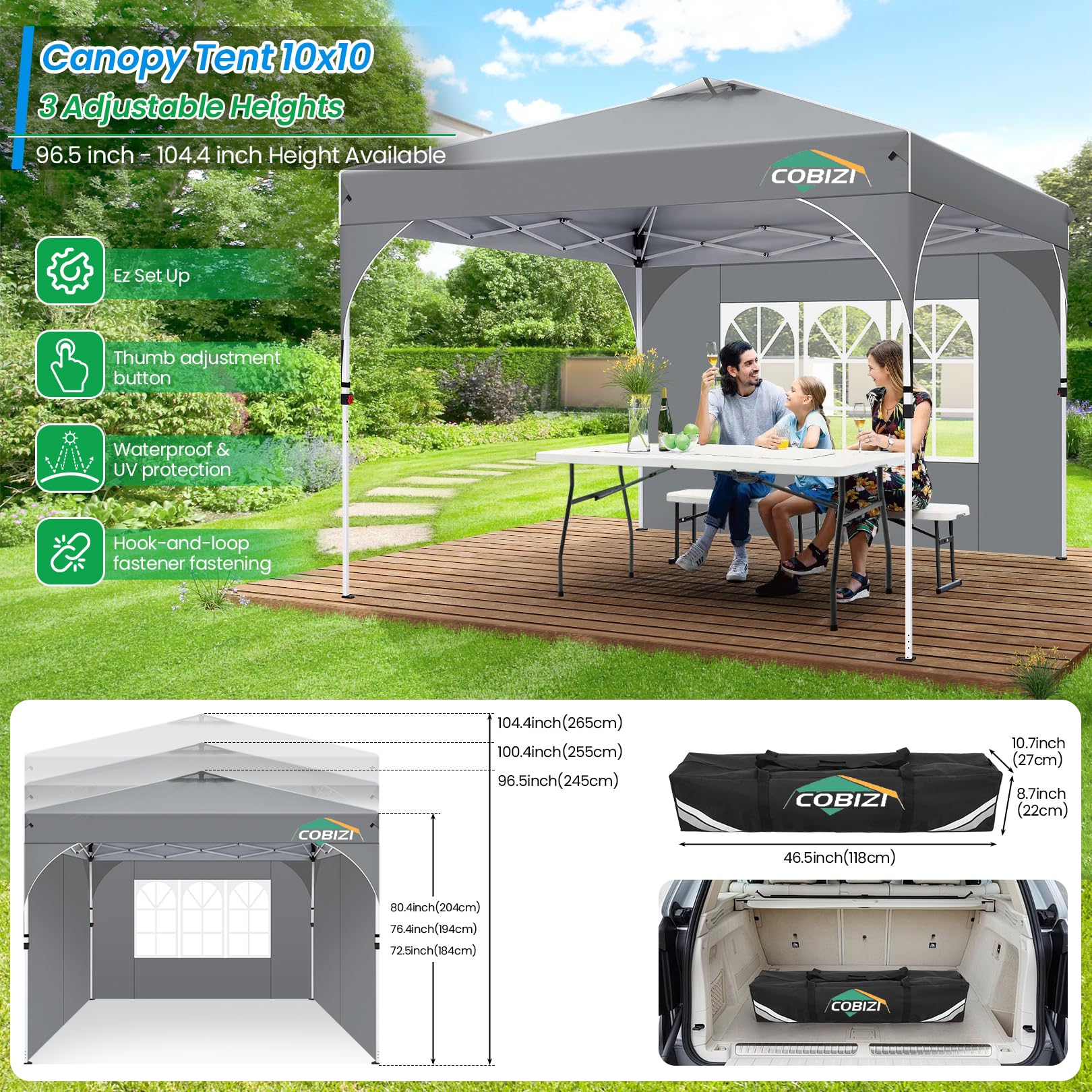 TOOLUCK Pavillon 3x3 Wasserdicht Stabil Winterfest Faltpavillon Gartenpavillon Partyzelt Pop Up Pavillon Klappbar UV Schutz 50+ Höhenverstellbar mit Entlüftung & 3 Stoffstücken&4 Sandsäcke， Grau