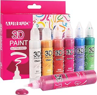 AUREUO Puffy Paint for Fabric - 3D Glitter Puffy Paint Pens 6 Colors x 0.85 Oz / 25ml - Acrylic Paint for Crafts, Permanent Fabric Paints for Clothing, Textile, Wood, Glass
