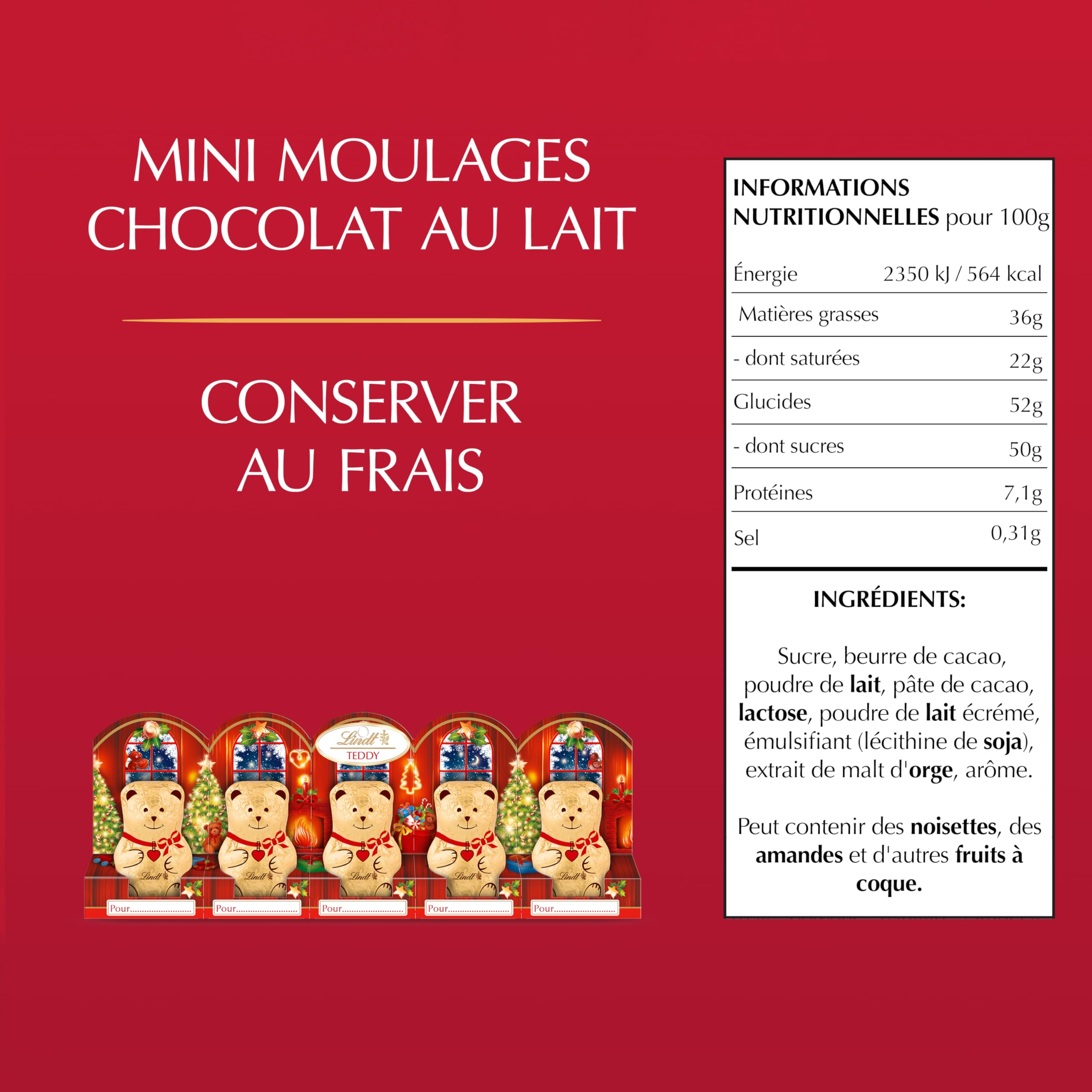 Lindt - Barrette de 5 Mini-moulages TEDDY - Chocolat au Lait - Idéal pour Noël, 5x10g