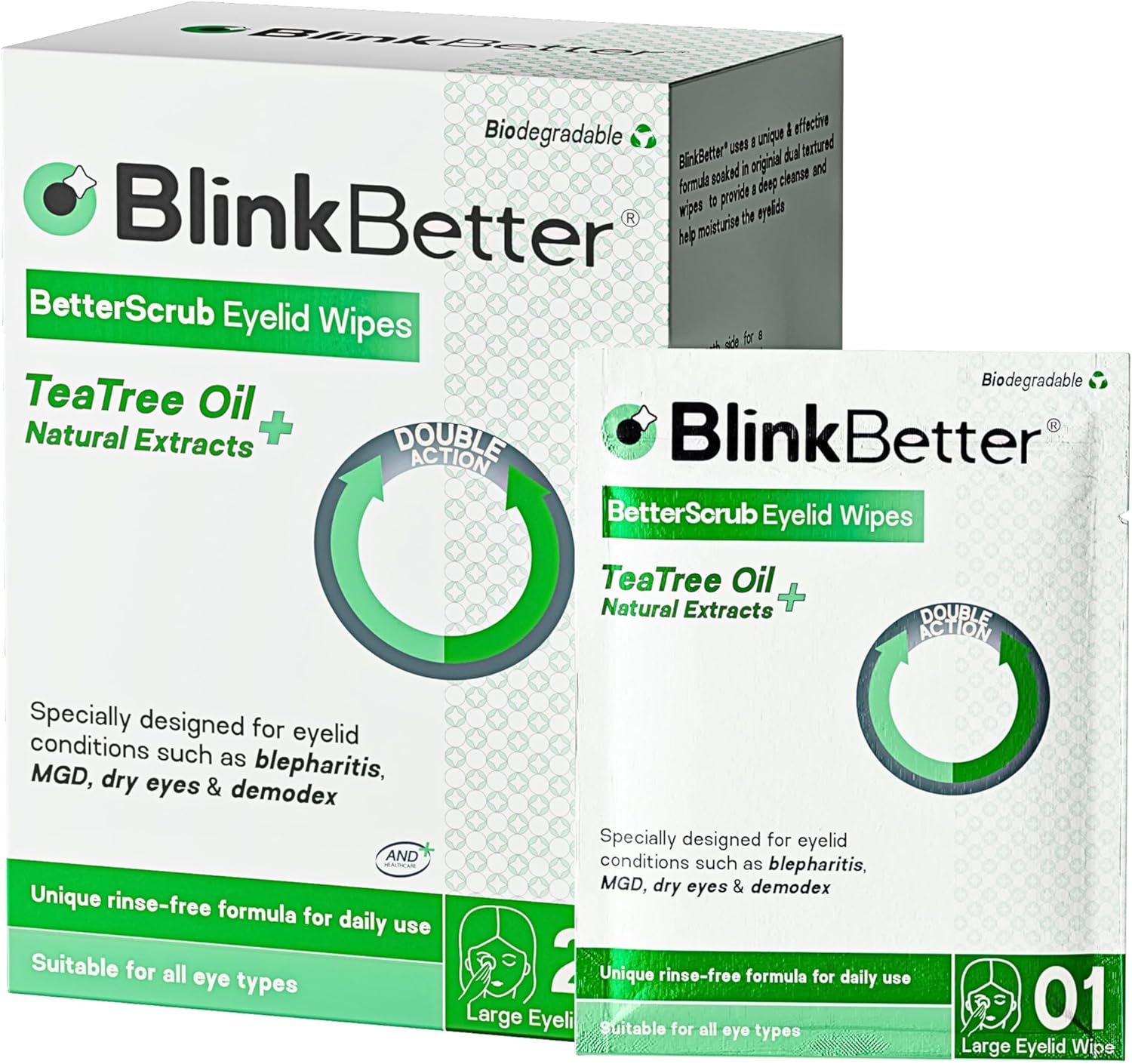 Tea Tree Oil Eyelid Wipes- Natural Blepharitis, MGD & Dry Eye Relief Wipes | Cleansing, Soothing, Dual-Textured, Triple Moisture Formula | Biodegradable & Gentle – 20 Wipes