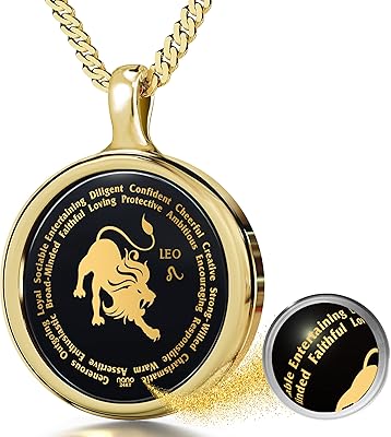 Leo Necklace Zodiac Pendant for Birthdays 23rd July to 22nd August with Star Sign and Personality Characteristics Inscribed in 24k Gold on Round Black Onyx Gemstone, 18" Rolo Chain