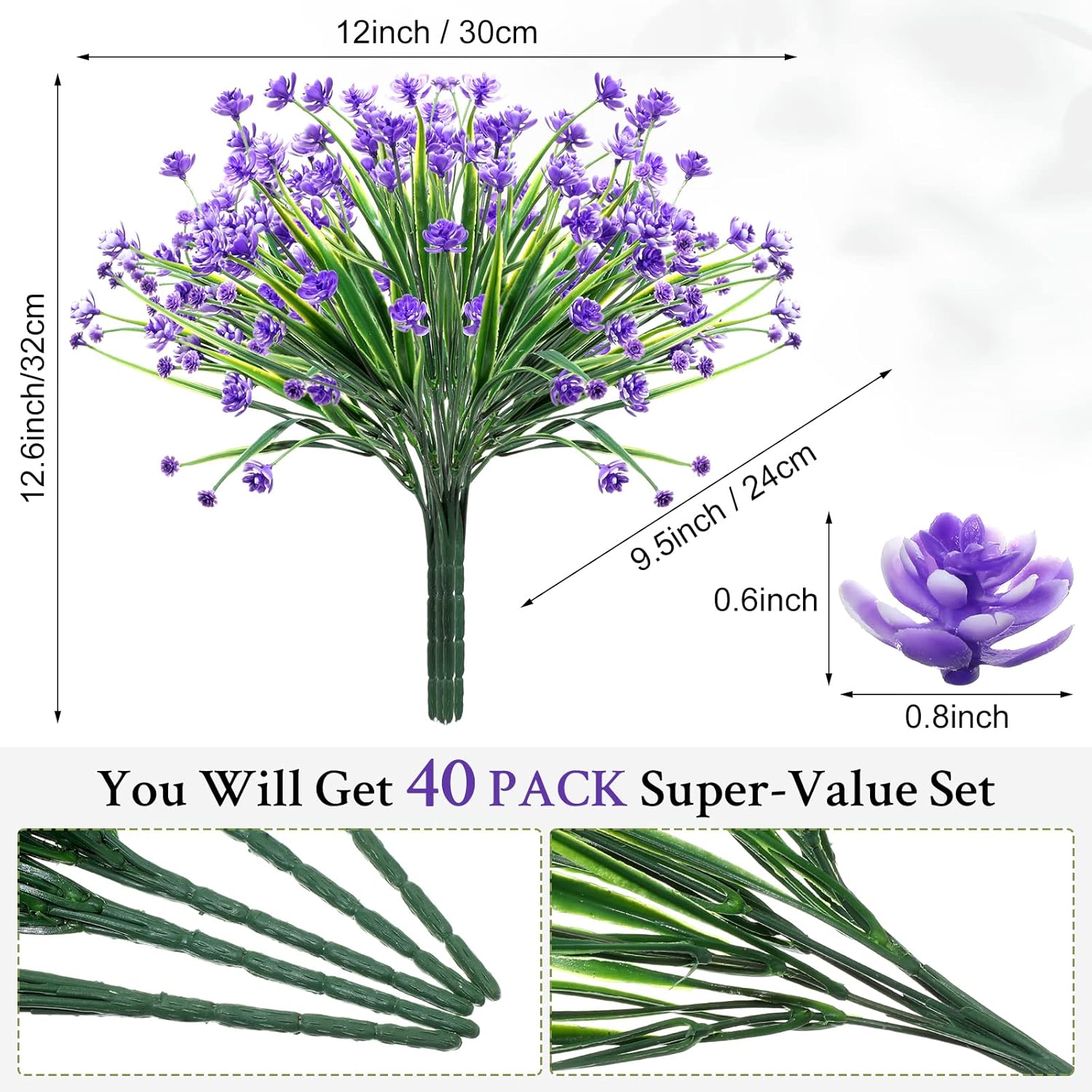 Hoteam 40 Bundles Outdoor Artificial Flowers UV Resistant Faux Outside Plants Flowers Fake Plastic Plants for Outdoor Spring Summer Seasons Decoration Shrubs Garden Porch Box(Purple)