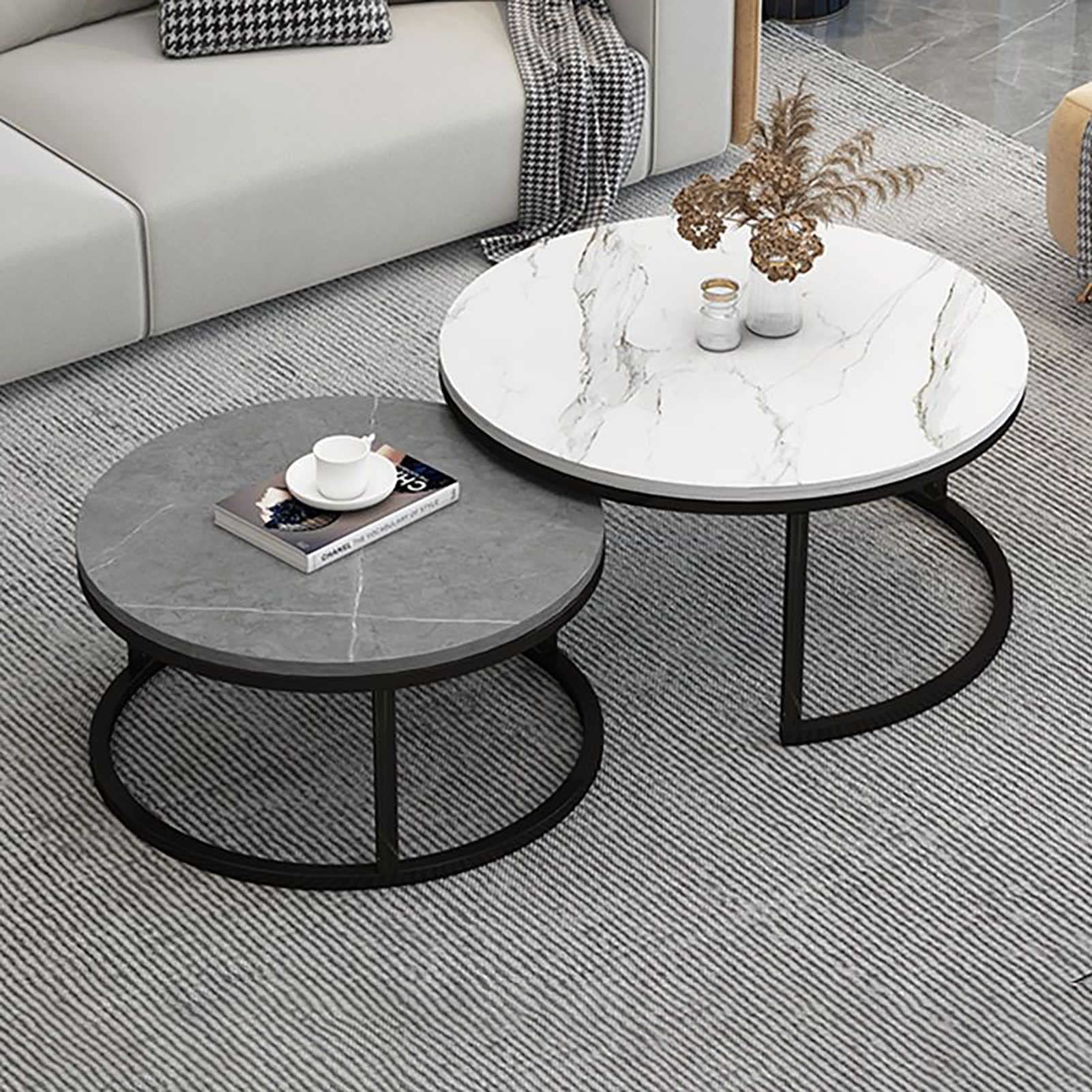 Klydbmyt Modern Nesting Coffee Table Set Of 2 With Drawer Storage Marble Coffee Tables For Living Room Slate Marble Texture And Metal Frame Furniture Decor And Multipurpose Use
