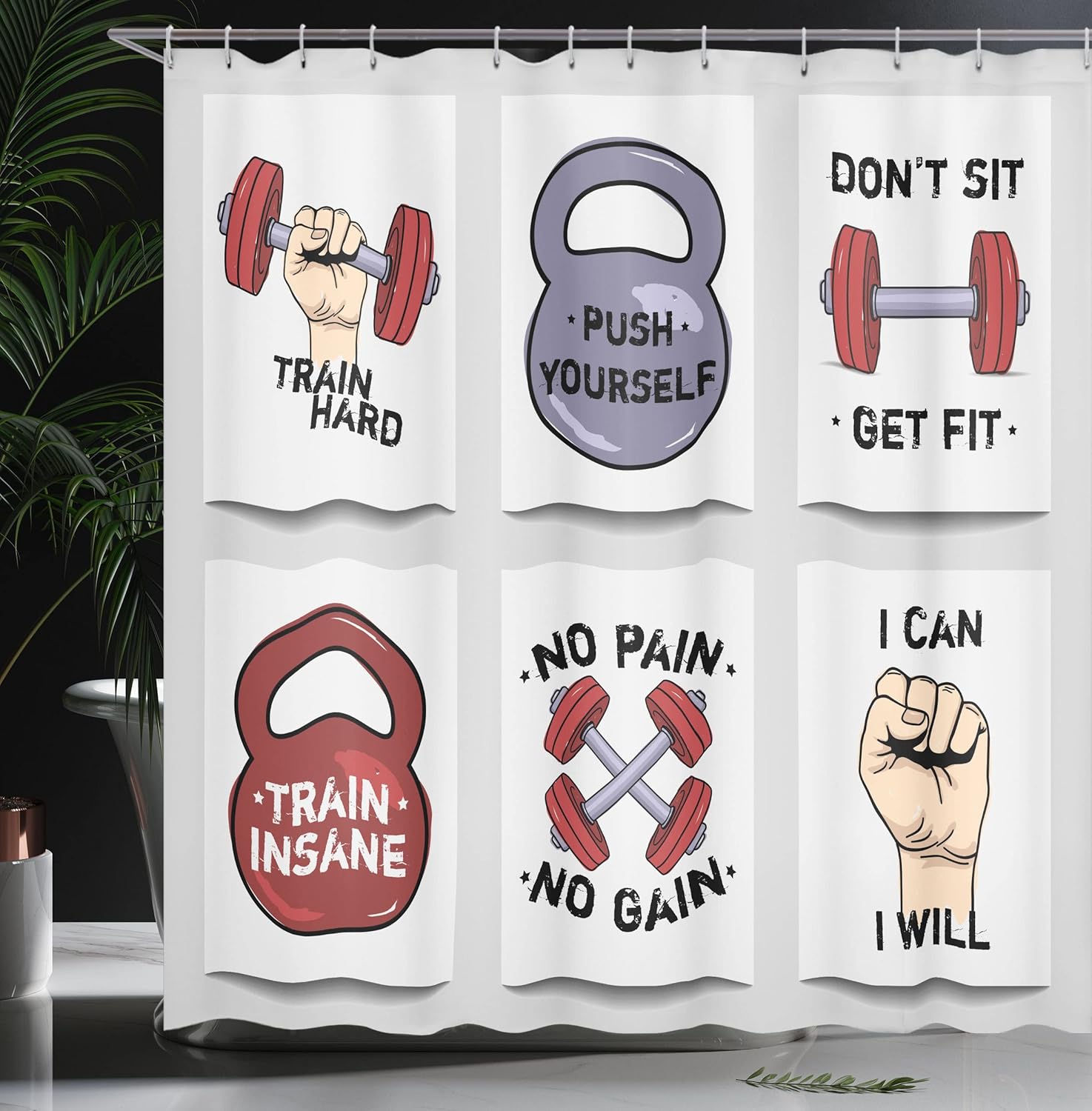 Ambesonne Fitness Shower Curtain, Modern Cartoon Style Motivation Phrases Caricature Style Push Yourself Get Fit, Cloth Fabric Bathroom Decor Set with Hooks, 69" W x 84" L, Red Grey Black
