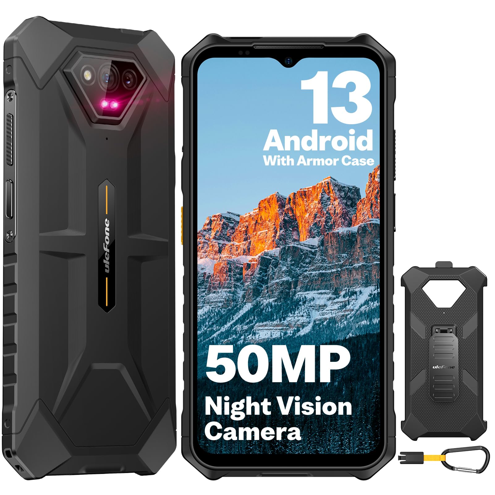 Ulefone Armor X13 Rugged Smartphone 12GB+64GB(256GB Espandibile) Cellulare 6320mAh Batteria, Android 13, 50MP+24MP Visione Notturna, 6.52" HD+, Telefono Robusto 4G Dual SIM/Impronta Digitale/Face ID