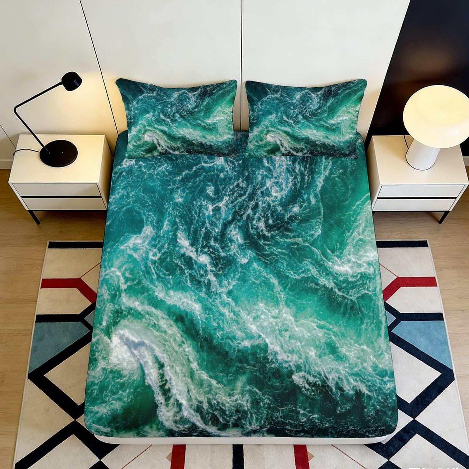 3D Printed Ocean Wave Fitted Sheet Microfiber Soft Breathable Marble Swirl Mattress Cover for Bedroom Dorm Decor 90x200x25cm