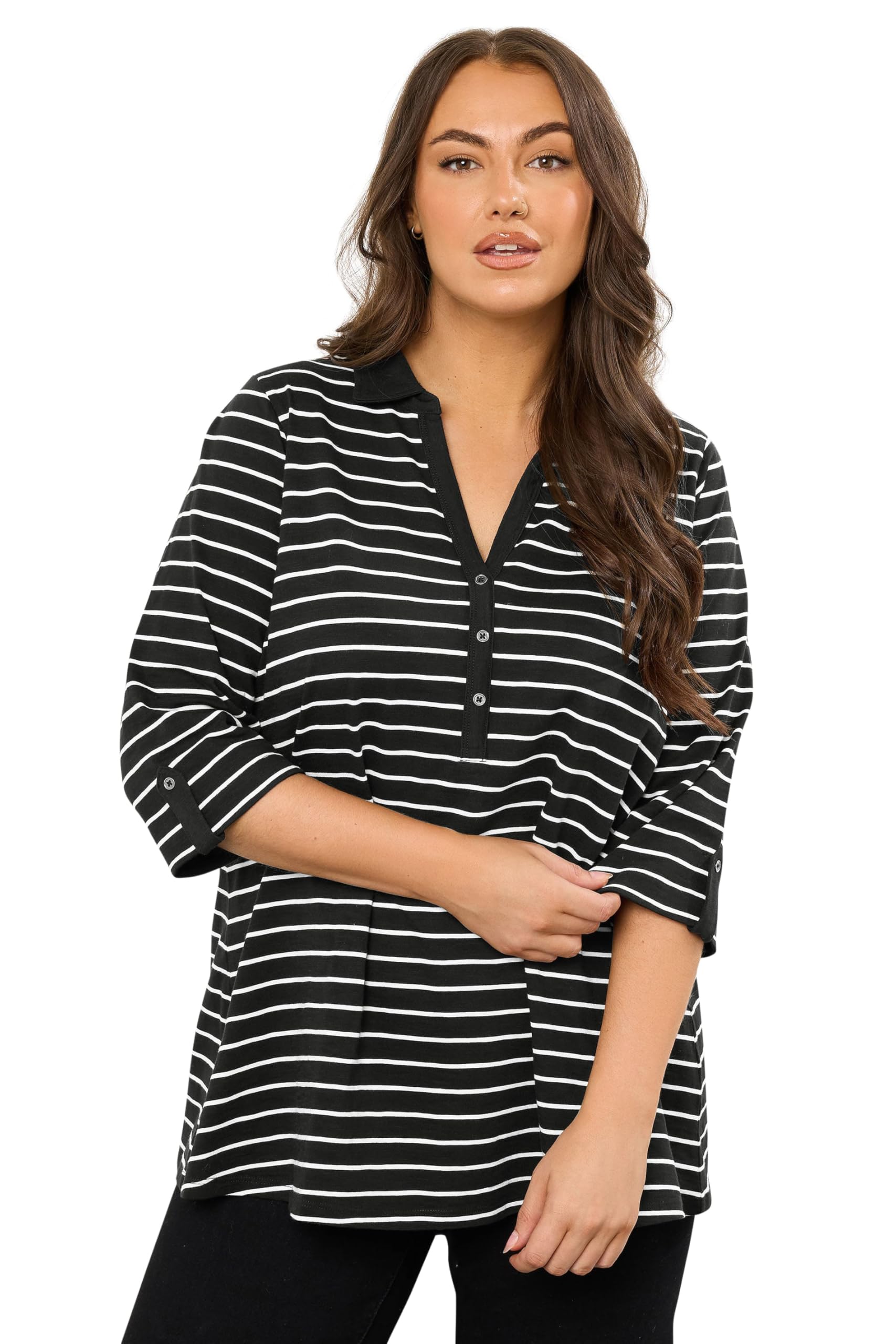 Evans Black Cotton Pintuck Henley Top 3/4 Roll Tab Sleeves - Size 22-24