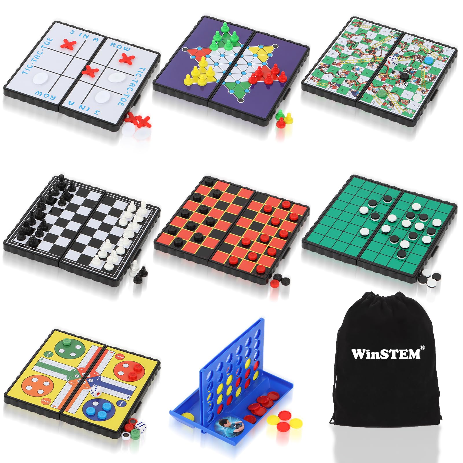 8-in-1 Mini Travel Board Games Set, Magnetic Checkers Game with Folding Magnet Board, 4 in a Row Game, 5.2'' Compact Design Ideal for Family/Road Trip/Travel/Camping Party, Included Storage Bag