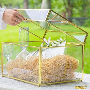 NCYP Large Glass Cards Box with Slot and Lock for Wedding Keepsake, Envelope, 12 x 9.4 x 8.4 Inch - Birthdays Party Reception, Tabletop Decor, Gold (Glass Box Only)