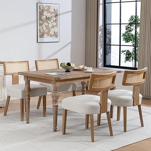 Miniatura 17 de Juego de 4 sillas de comedor tapizadas de ratán, sillas de comedor estilo de mediados de siglo moderno con tela, con estructura de madera dura Marco
