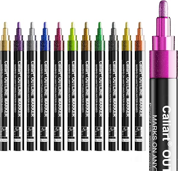 Caliart Outline Glitter Markers, Shimmer Metallic Glitter Pens Gifts Trendy Stuff, Cool Fun Craft Arts Supplies Set