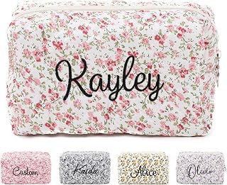 Cute Floral Personalized Bridesmaid Makeup Bag, Embroidered Name, Custom Cosmetic Travel Bag for Girls/Women, Bachelorette Party, Bridal Wedding & Birthday Gifts
