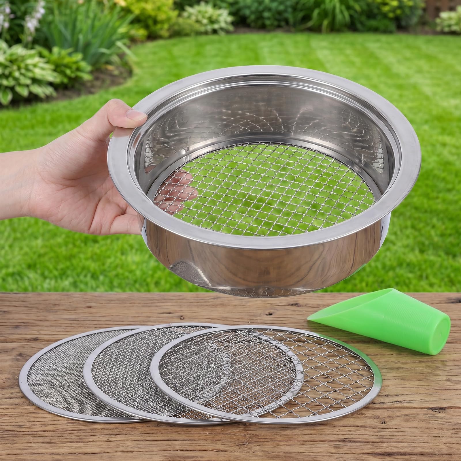 Lurrose 1 Set Setaccio da giardino per terriccio con rete di ricambio e paletta in plastica (fori da 1, 3, 6, 9, 12 mm) - Setaccio rotondo in acciaio inossidabile per roccia, compost, terra, spiaggia