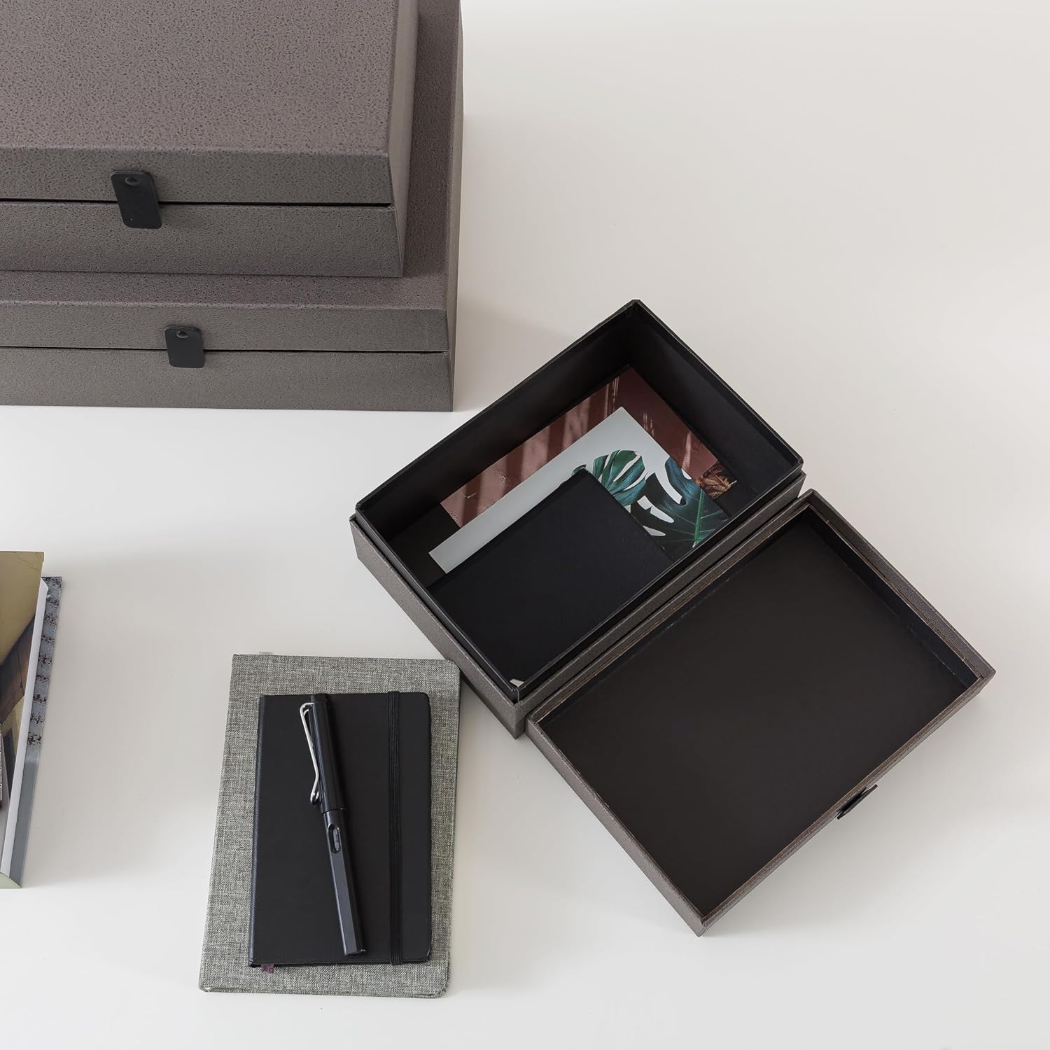 Soul & Lane Decorative Cardboard Boxes with Lids - Set of 3, Keepsake Boxes for Memories, Stackable Photo Storage Organizer, Decorative Storage for Home Decor and Shelves, Graphite Grey