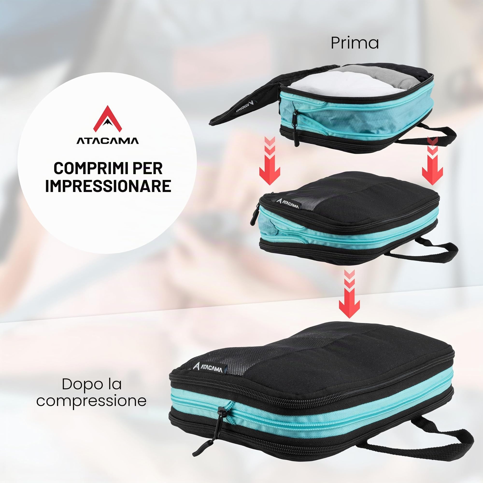 Atacama Set di dadi a compressione di alta qualità: chiusura lampo e doppie tasche, tasche con compressione per zaino e valigia, colore nero, set di 8