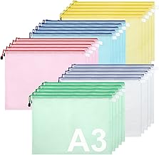 25PCS Plastic Wallets A3 Zip Wallets, A3 Mesh Document Folder Mesh Zipper Pouch Large Zip Folders, Document Wallet for Home School Office Supplies, Travel Accessories(5 Colors)