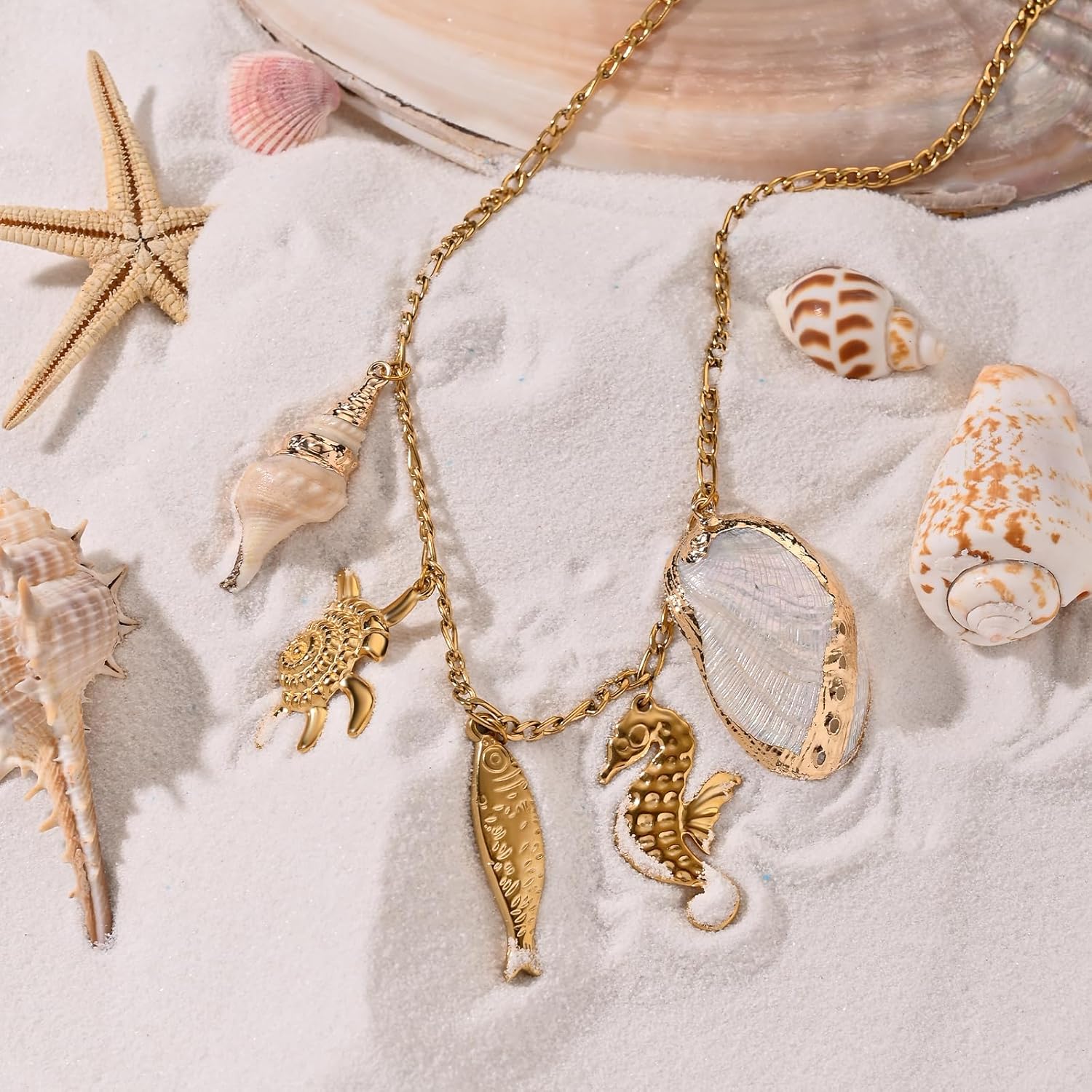 Summer Beach Charms Necklace for Women Gold Fish Conch Seahorse Shell Charms Choker Necklace Trendy Ocean Theme Vacation Jewelry Gifts - Image 4