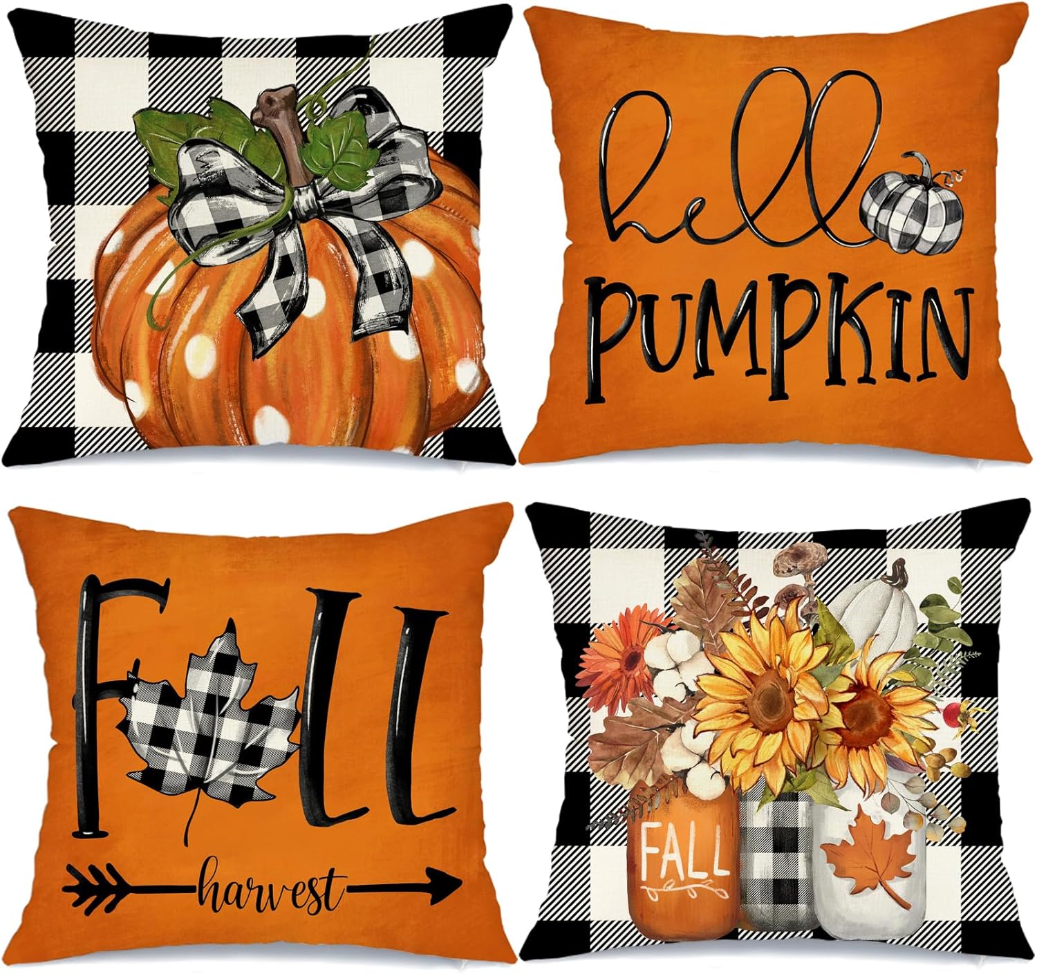 Crowned Beauty Fall Decorating Pillow Covers – 18×18 Inch Plaid Pumpkin Set