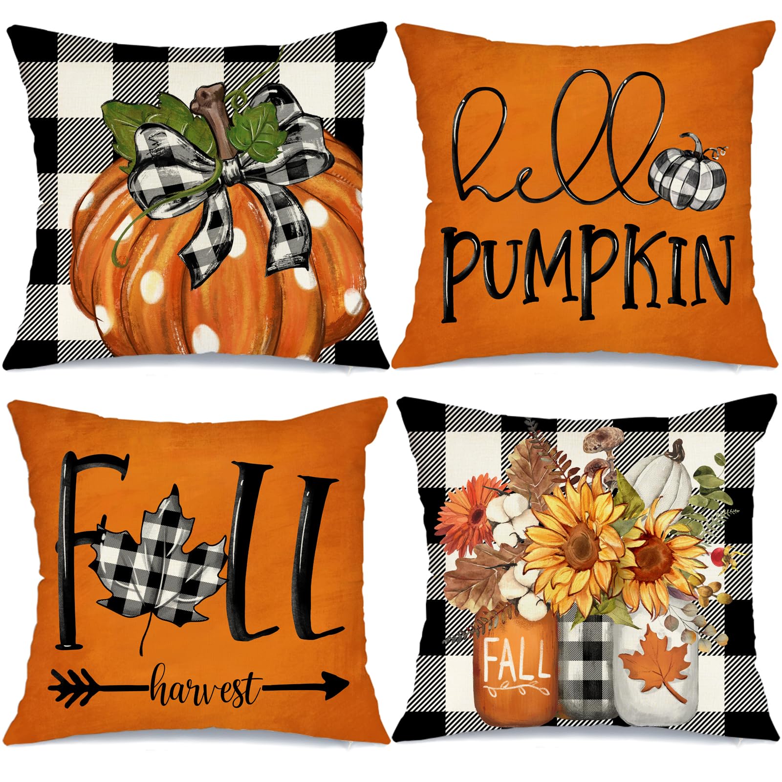 CROWNED BEAUTY Fall Outdoor Decorative Throw Pillow Covers 18 x 18 Inch Set of 4, Plaid Pumpkin Mason Jars Farmhouse Pillowcases for Decoration (Orange) CP055-18