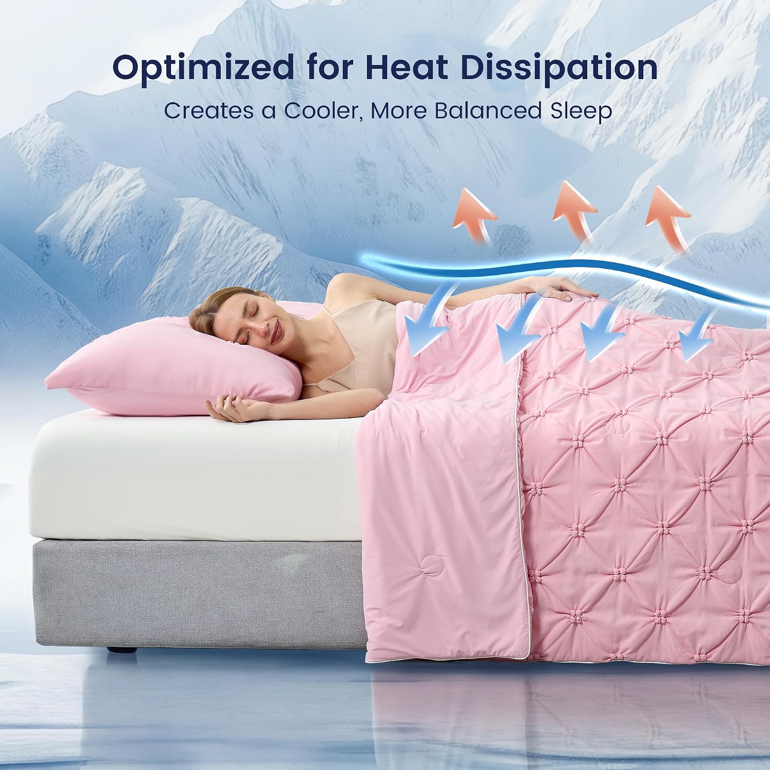Amélie Home Elegant Pintuck Cooling Comforter Queen Size, Cooling Blanket for Hot Sleepers, Lightweight Summer Bedding with Q-Max 0.45 Cooling Fabric, Breathable Cold Blanket, 90x90 Inches, Pink