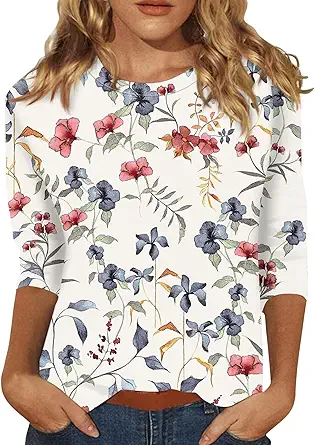 HTHLVMD Womens 3/4 Length Sleeve Tops 2025 Fall Fashion Floral Print Crewneck Causal Trendy Tunic Tops for Women