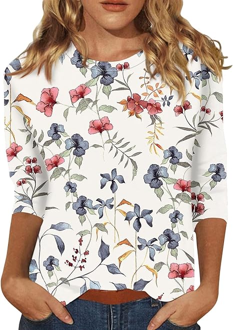 HTHLVMD Womens 3/4 Length Sleeve Tops 2025 Fall Fashion Floral Print Crewneck Causal Trendy Tunic Tops for Women