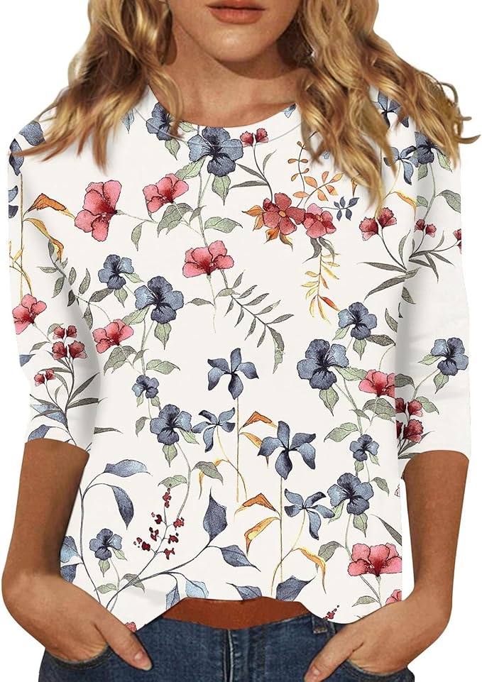 HTHLVMD Womens 3/4 Length Sleeve Tops 2025 Fall Fashion Floral Print Crewneck Causal Trendy Tunic Tops for Women