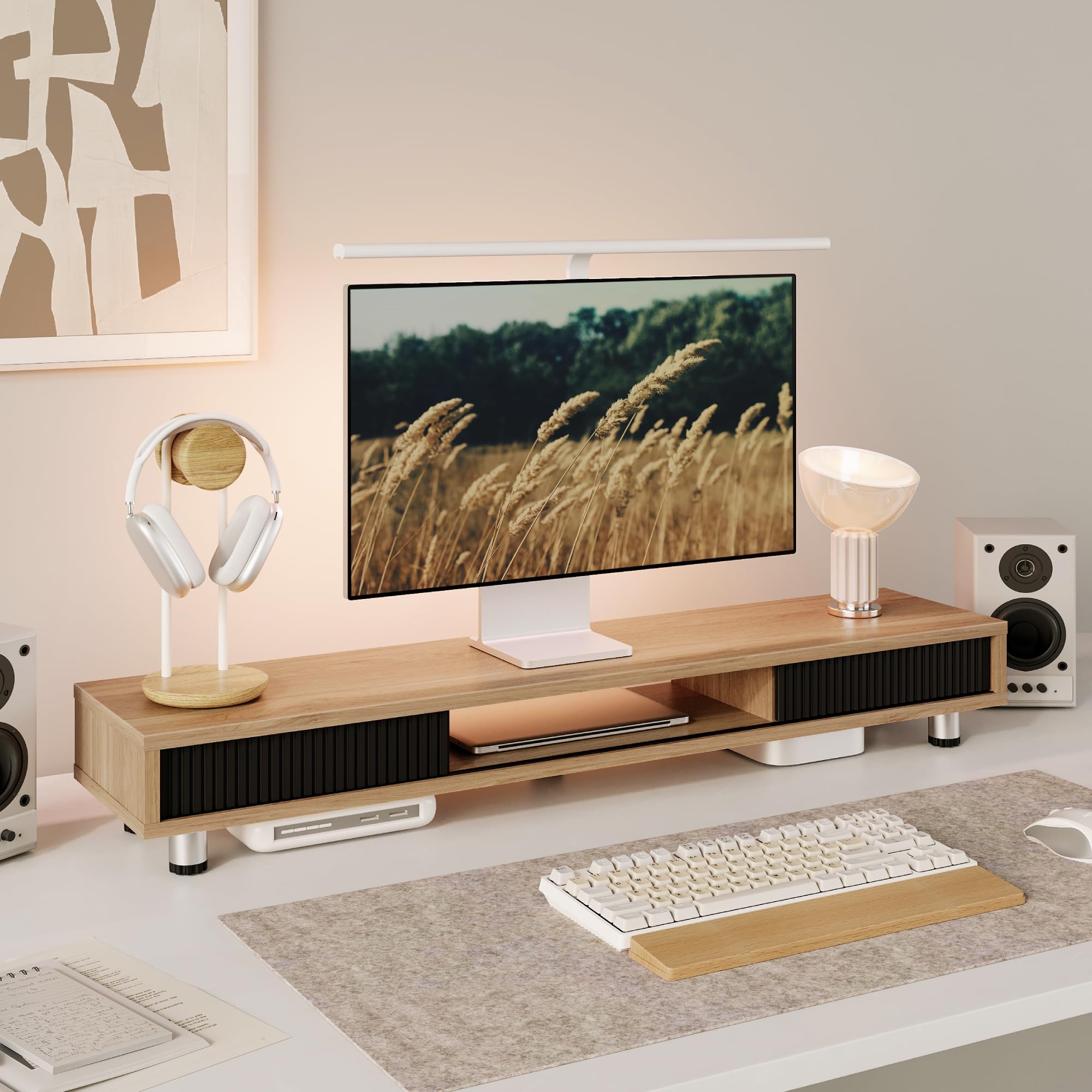 Fenge Elevador de Monitor con Puerta Corredera De Cristal Roble Oscuro | Altura Regulable,Elevador de Monitor,108×23,5×(15,2-16,7)cm Carga Máxima 45 kg