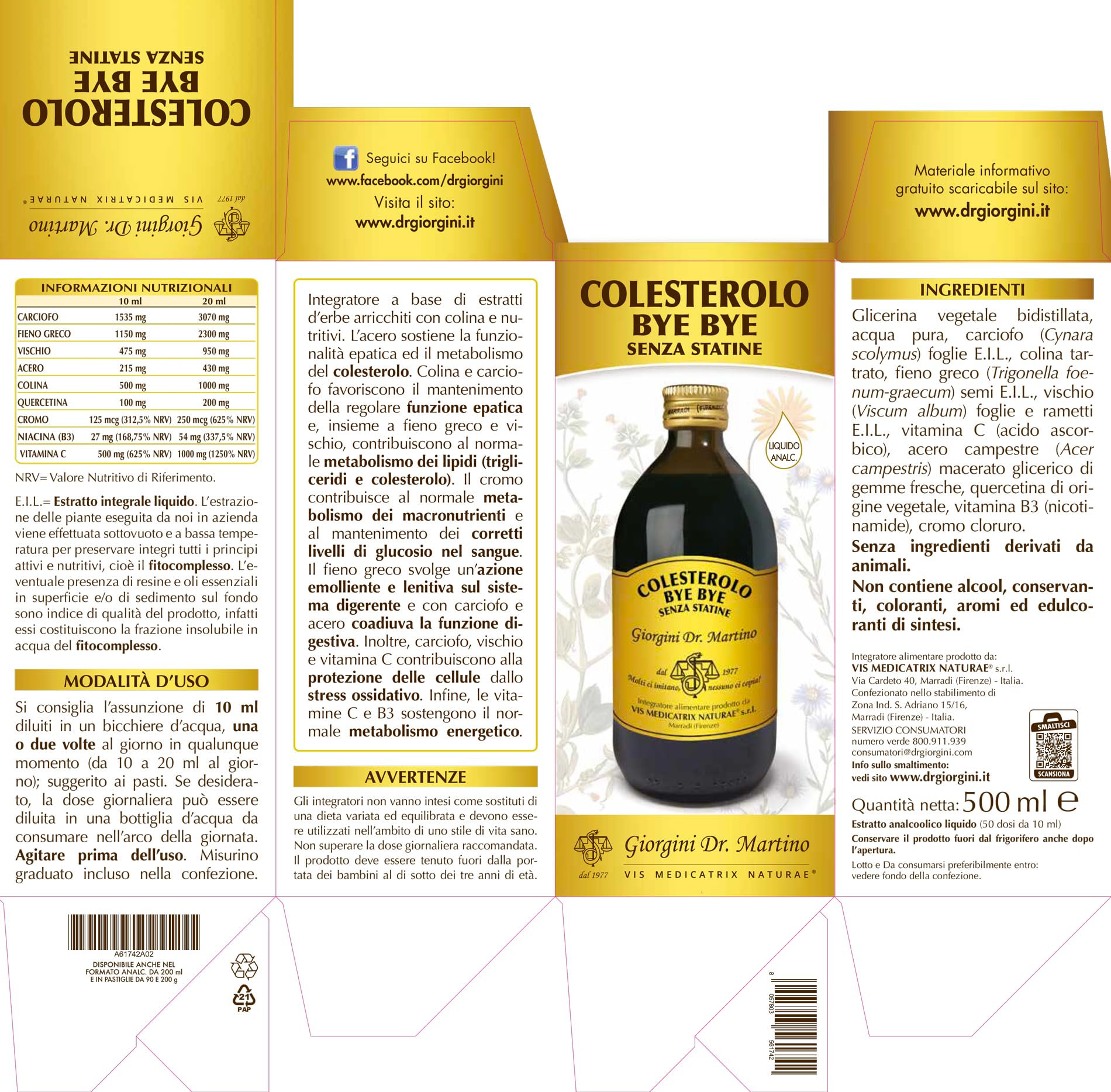 Dr. Giorgini Colesterolo Bye Bye senza Statine Integratore a Base di Colina ed Estratti d’Erbe 50 Dosi - 500 ml