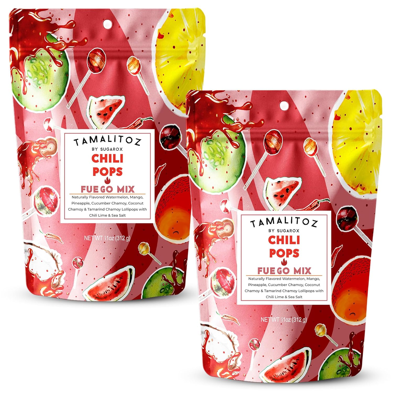 Tamalitoz Chili Pops Fuego Mix – Mexican Lollipops with Chili, Lime & Sea Salt Watermelon, Mango, Pineapple, Coconut, Cucumber & Tamarind Chamoy 2 Bags, (11oz each)
