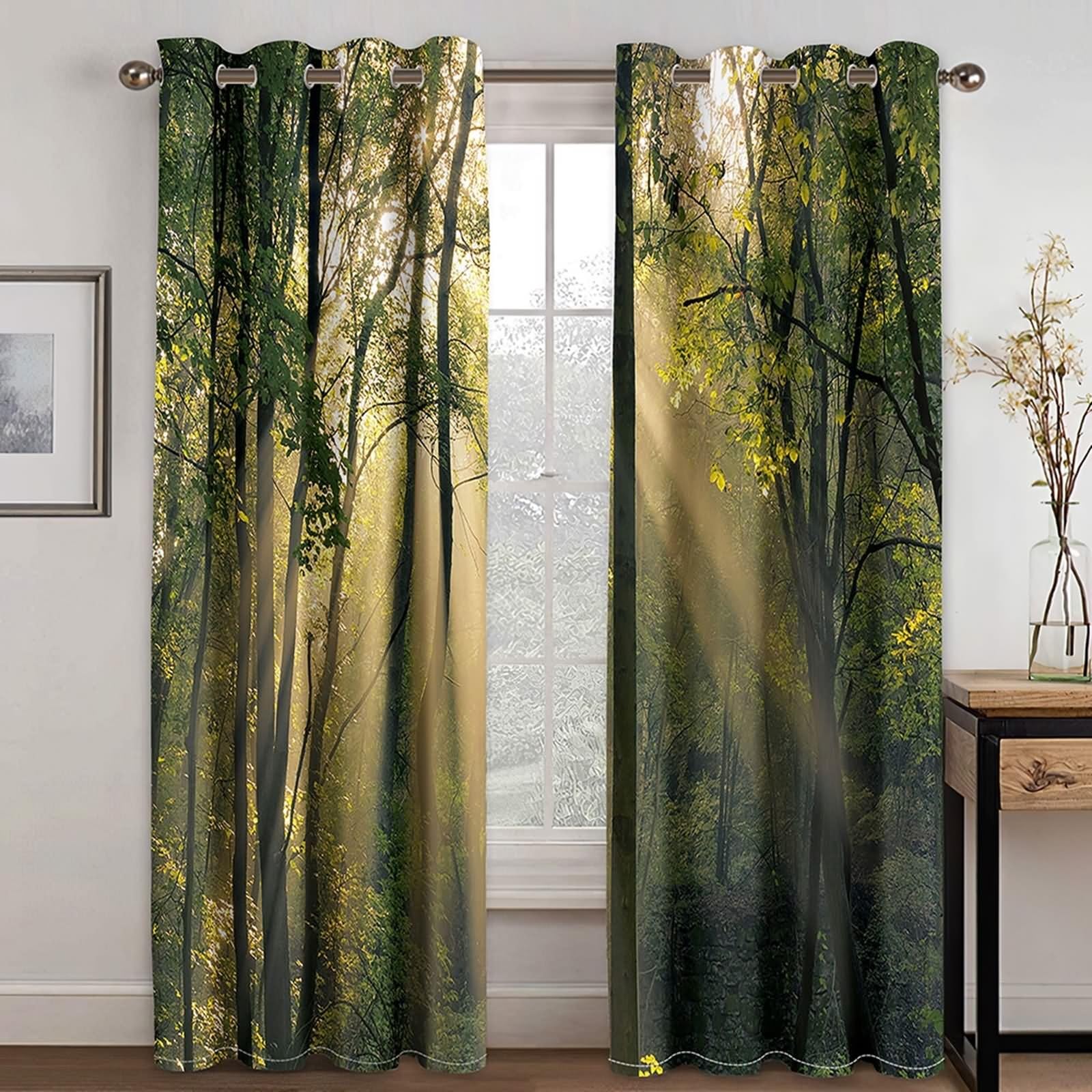 Czeska zasłona zaciemniająca, zasłony zaciemniające ciemnozielony słoneczny krajobraz lasu poliester 2 panele 264x229cm