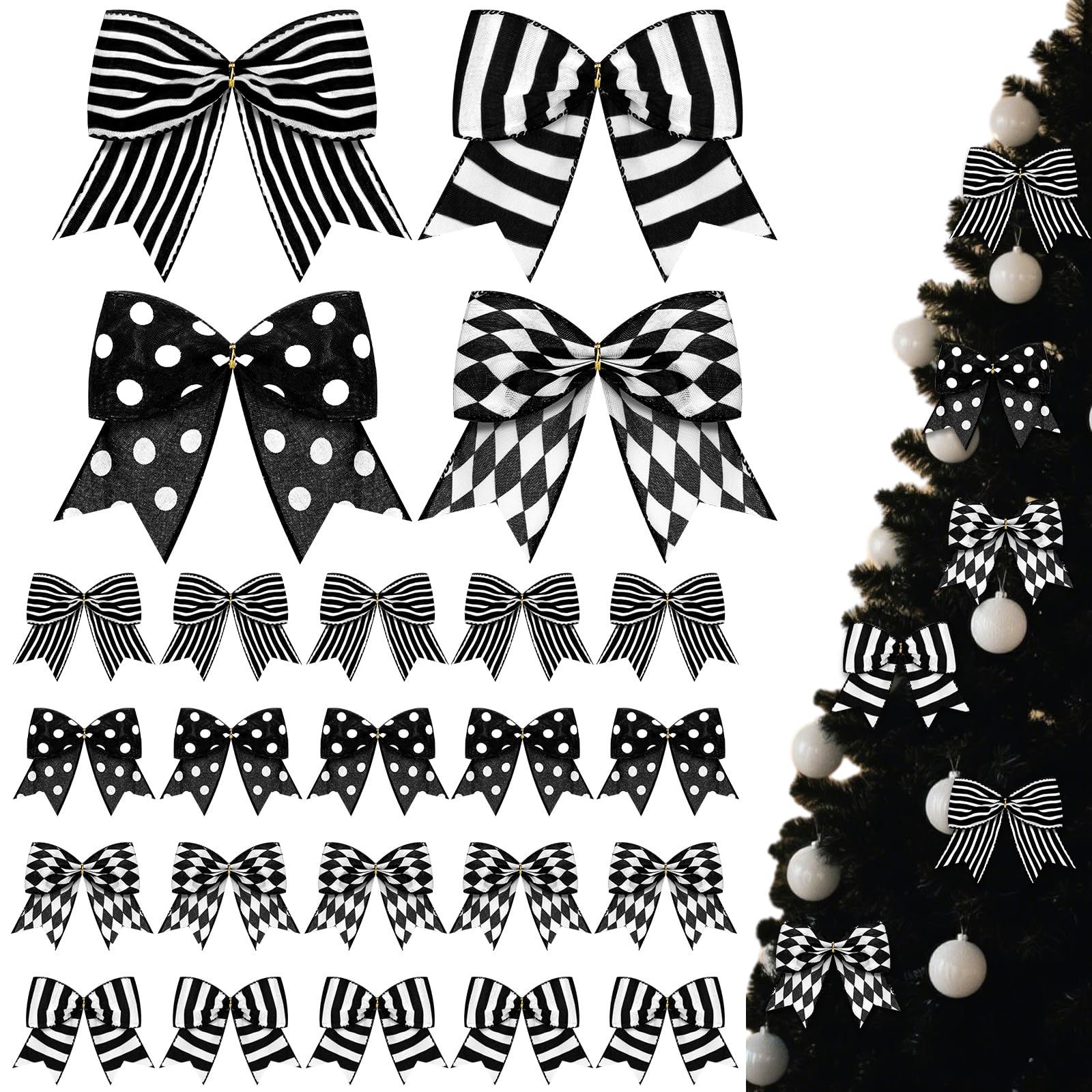 24 Pcs Christmas Black and White Bows Ornaments Decorations Stripe Buffalo Plaid Bow Decor Xmas Ribbons Ornaments for Christmas Tree Wreath Party Decoration Supplies Crafts