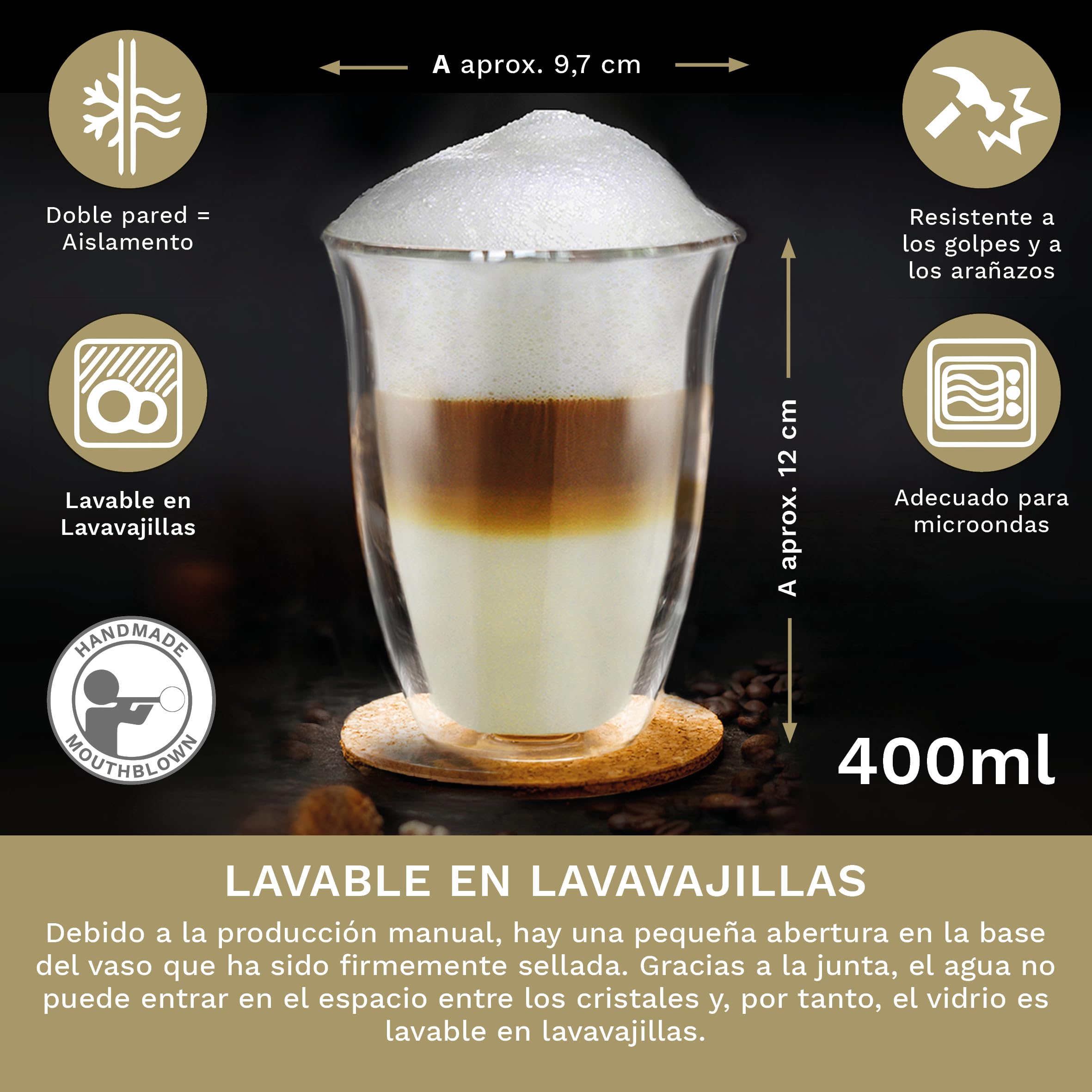 Creano Vasos Doble Pared 400ml - 4 Unidades, Vidrio Borosilicato, Para Café O Té