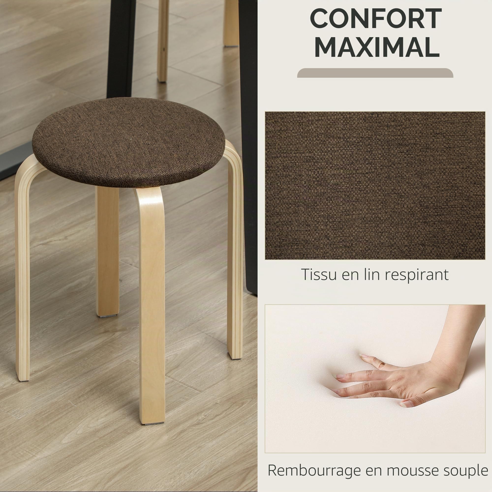 HOMCOM - Lot de 4 tabourets ronds empilables - Tabourets de cuisine bas avec assise rembourrée pour salle à manger, chambre à coucher, bureau, salon - Marron et naturel