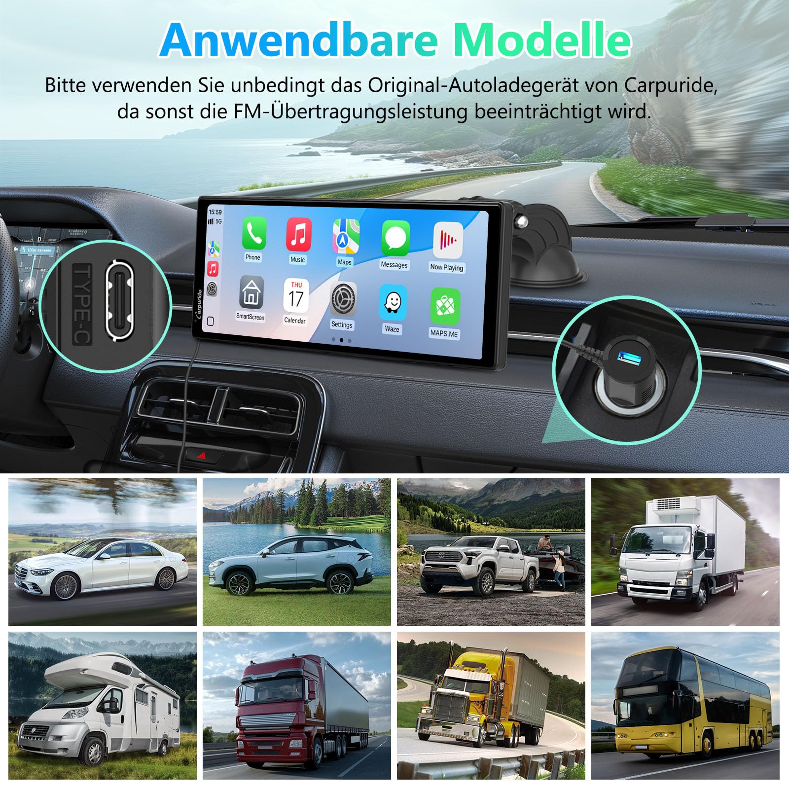 Carpuride V92R Tragbarer Carplay-Bildschirm, kabelloses Carplay & Android Auto, 10,26 Zoll 1080P HD Touchscreen Radio mit echter 720P Rückfahrkamera/BT 5.0/Mirror Link Unterstützung LKW RV