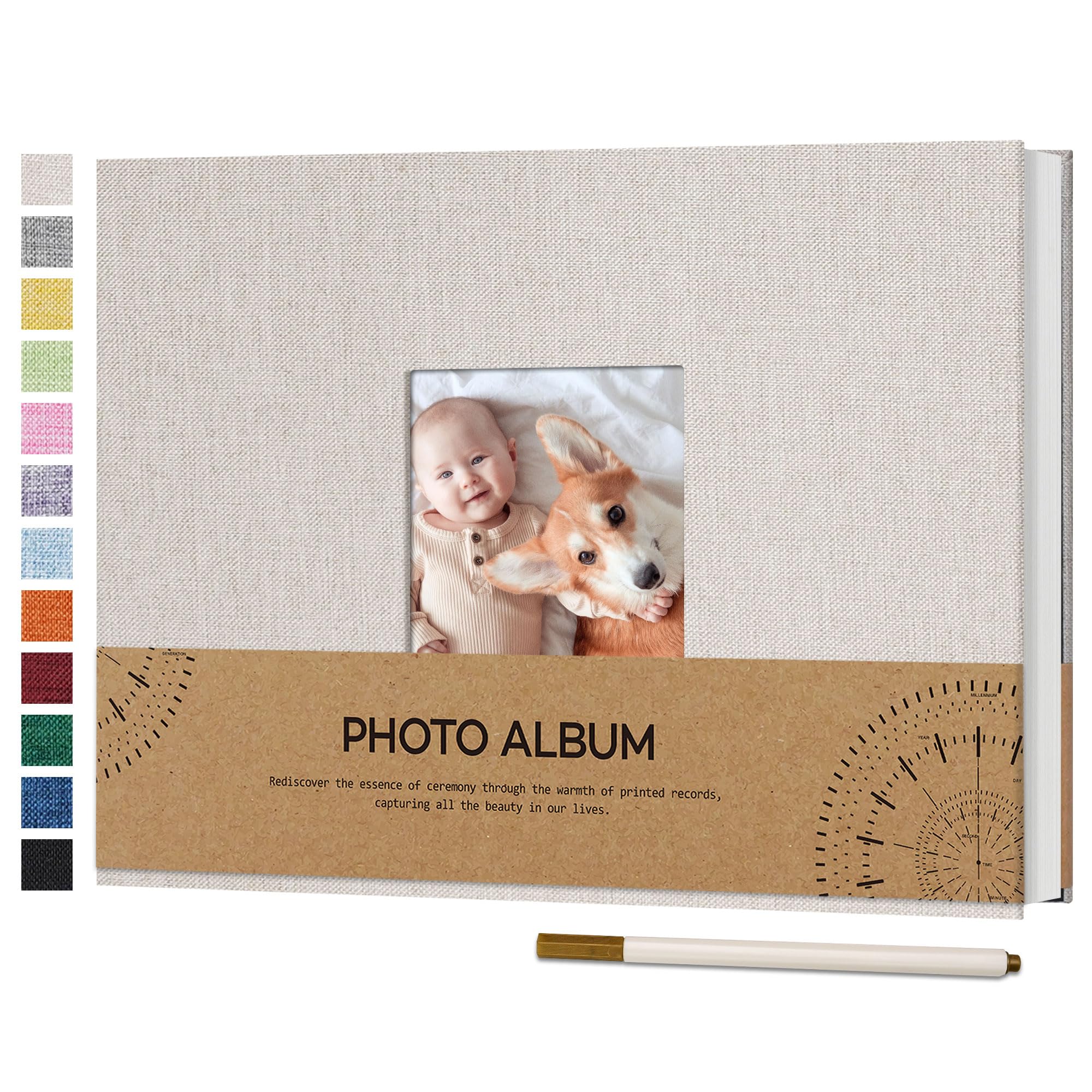 Vienrose Album Fotografico Autoadesivo con Finestra di Visualizzazione 10 x 15, Piccolo Album Scrapbook con Copertina in Lino 60 Pagine Bianche con Penna in Metallo, 21,5x30 cm Beige