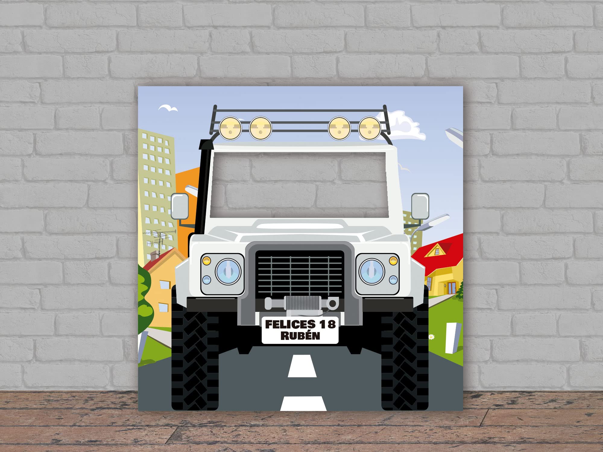 Oedim Photocall en Cartón Coche Blanco Ciudad Personalizado Cumpleaños, 140x140cm, Photocall Decorativo para Eventos o Celebraciones puntuales, Photocall Divertido