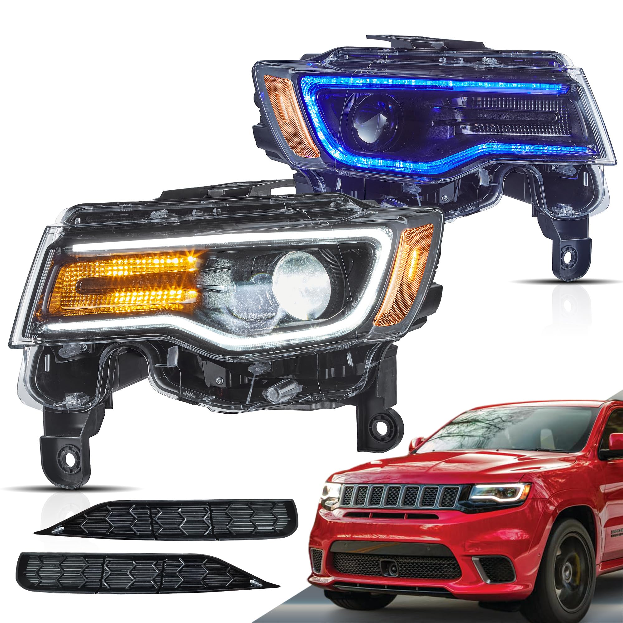 VLAND Projector Headlights Compatible with Jeep Grand Cherokee WK2 2014-2021 4th Gen All Models, Front Lamp Assembly Sold as a PAIR, Black