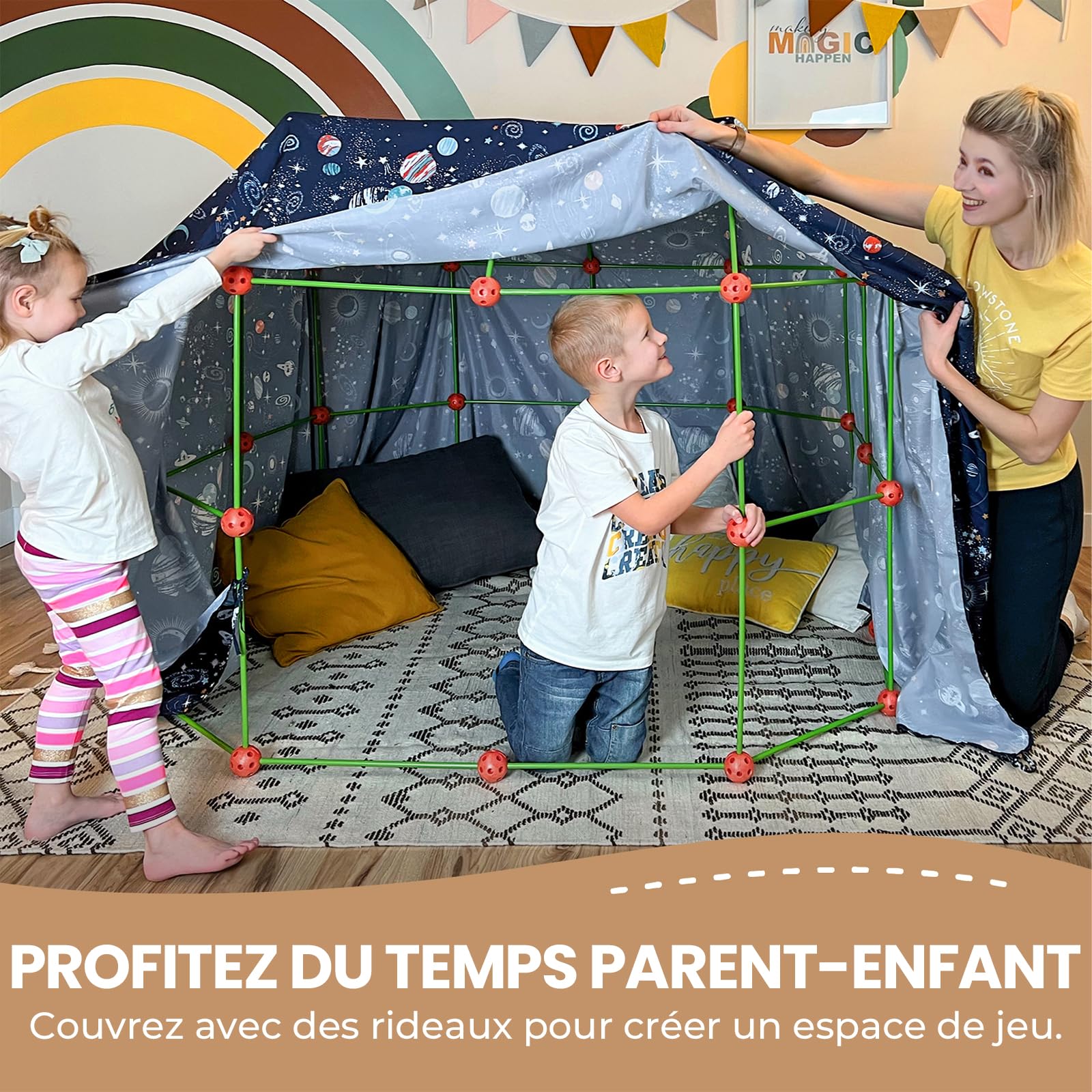 Tiny Land 130 Pcs Construction de Fort pour Enfants - DIY Kit Cabane Jeux | Jouet Créatif Intérieur Extérieur Garçon Fille 5,6,7,8 Ans, STEM Châteaux de Bricolage Tunnels Tente de Jeu Tour de Fusée