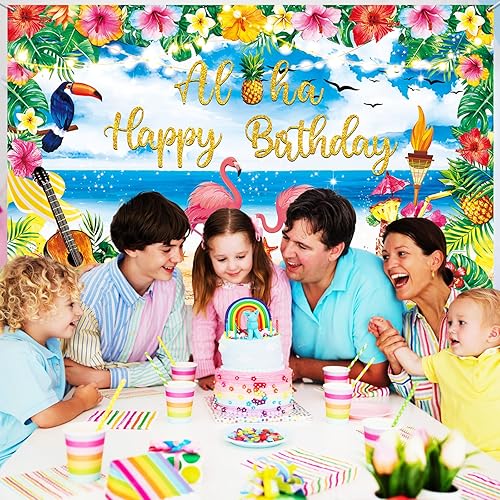 Miniatura 6 de Luau Suministros de decoración para fiesta de cumpleaños, telón de fondo de cumpleaños hawaiano de verano para decoración de fiesta de playa y