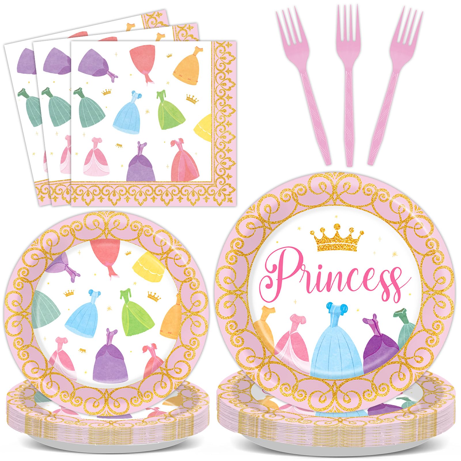 Qyeahkj 100 Pcs Princess Birthday Plates and Napkins Princess Themed Party Supplies Cartoon Dress Party Decorations Crown Disposable Tableware Dinnerware Set for Girls Engagement Baby Shower Serves 25
