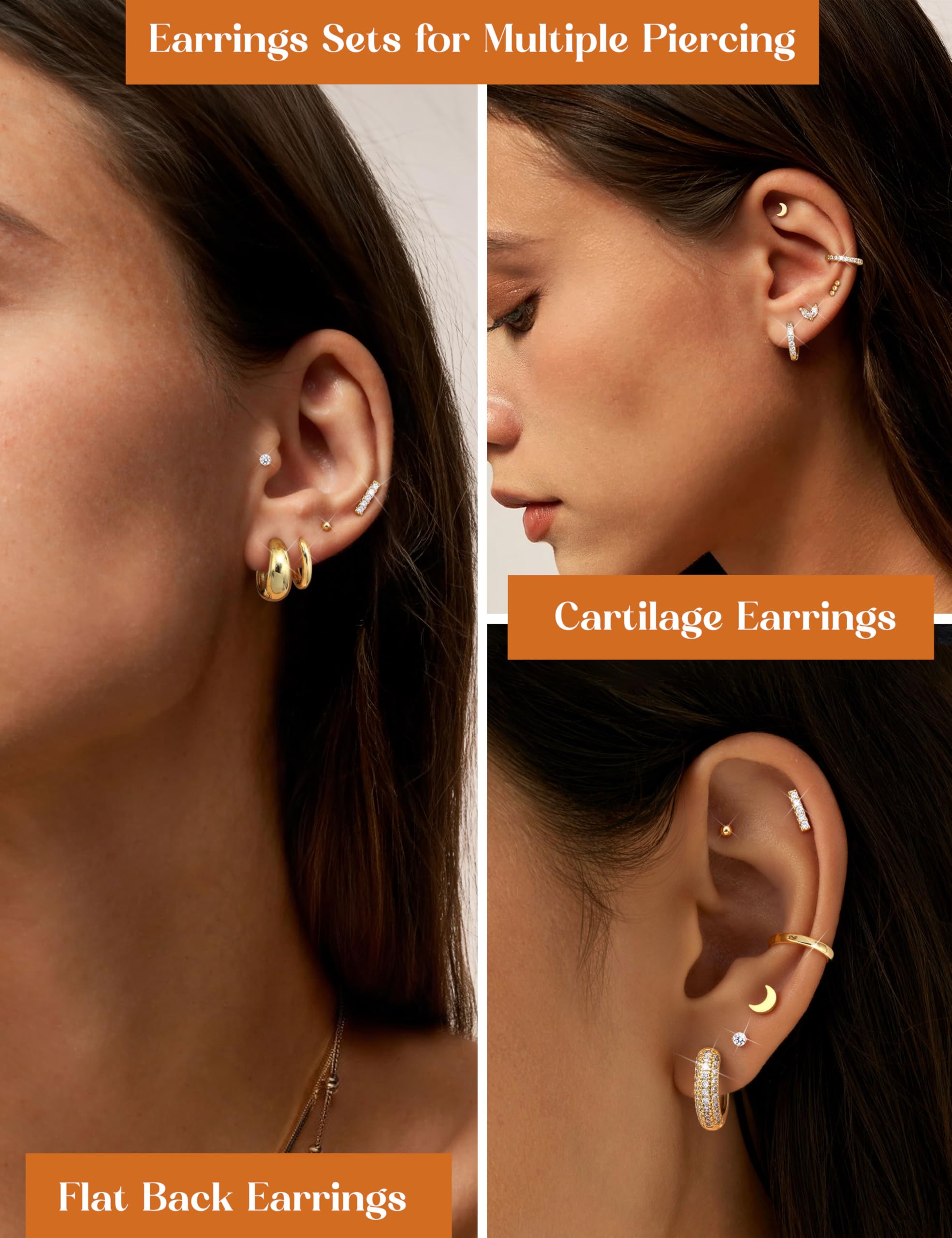 MILACOLATO Orecchini Acciaio Chirurgico Donna Oro Argento Orecchini Anallergici Cerchio Helix Piercing Trago Set Gioielli Donna Placcati Oro 14K per Piercing Multipli
