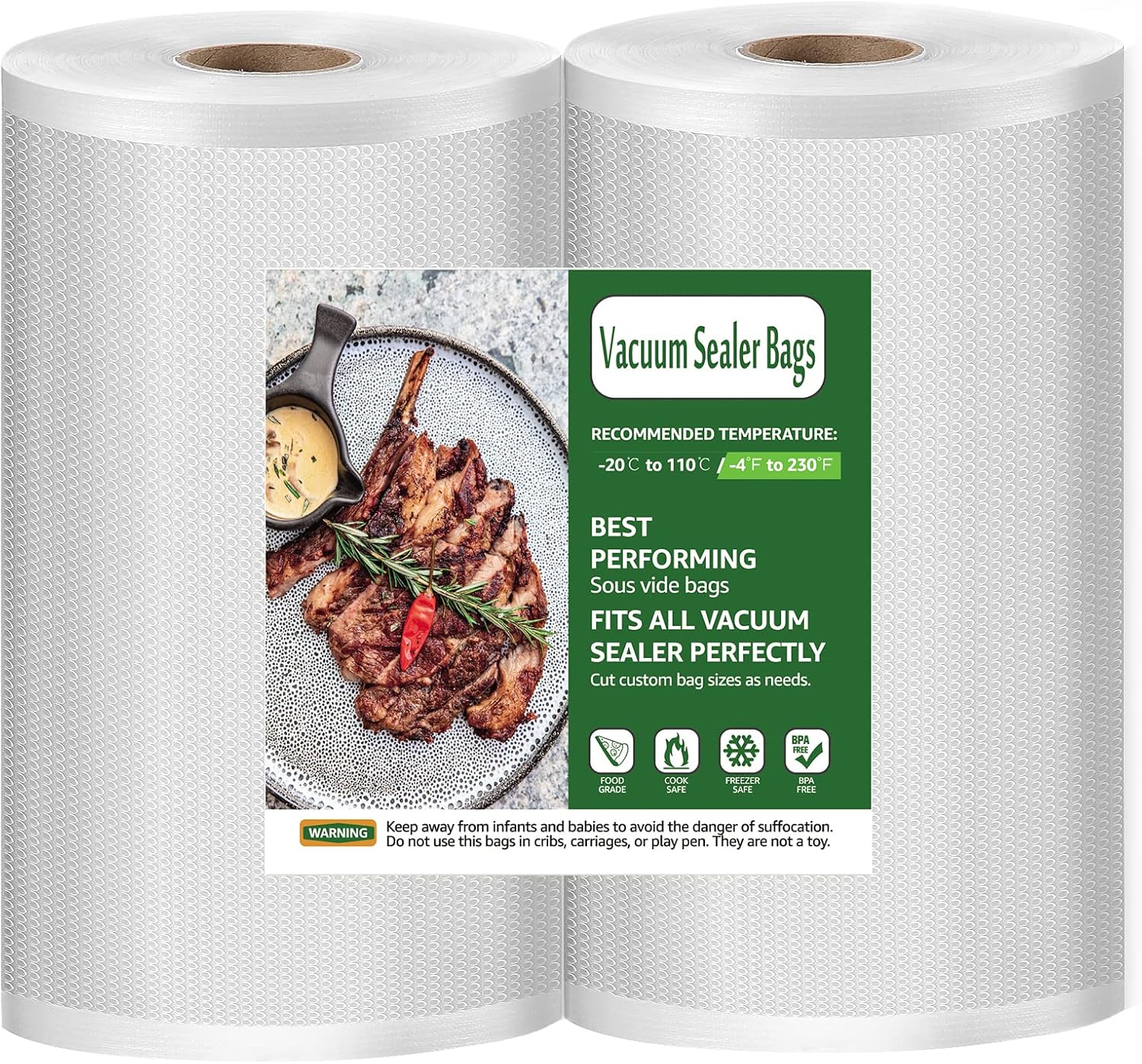 Kitboodle 8 Inch x 50' 2 Rolls Vacuum Sealer Bags, Food Saver Vacuum Sealer Bags Rolls for