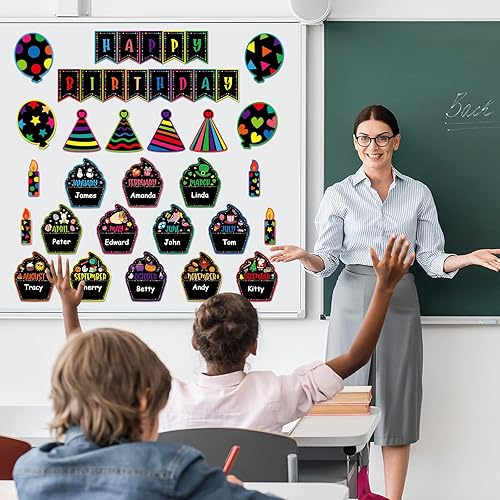 Miniatura 3 de PETCEE Juego de 27 tablones de anuncios de feliz cumpleaños para aula, decoración de tablón de anuncios de pared de confeti, recortes de cupcakes,
