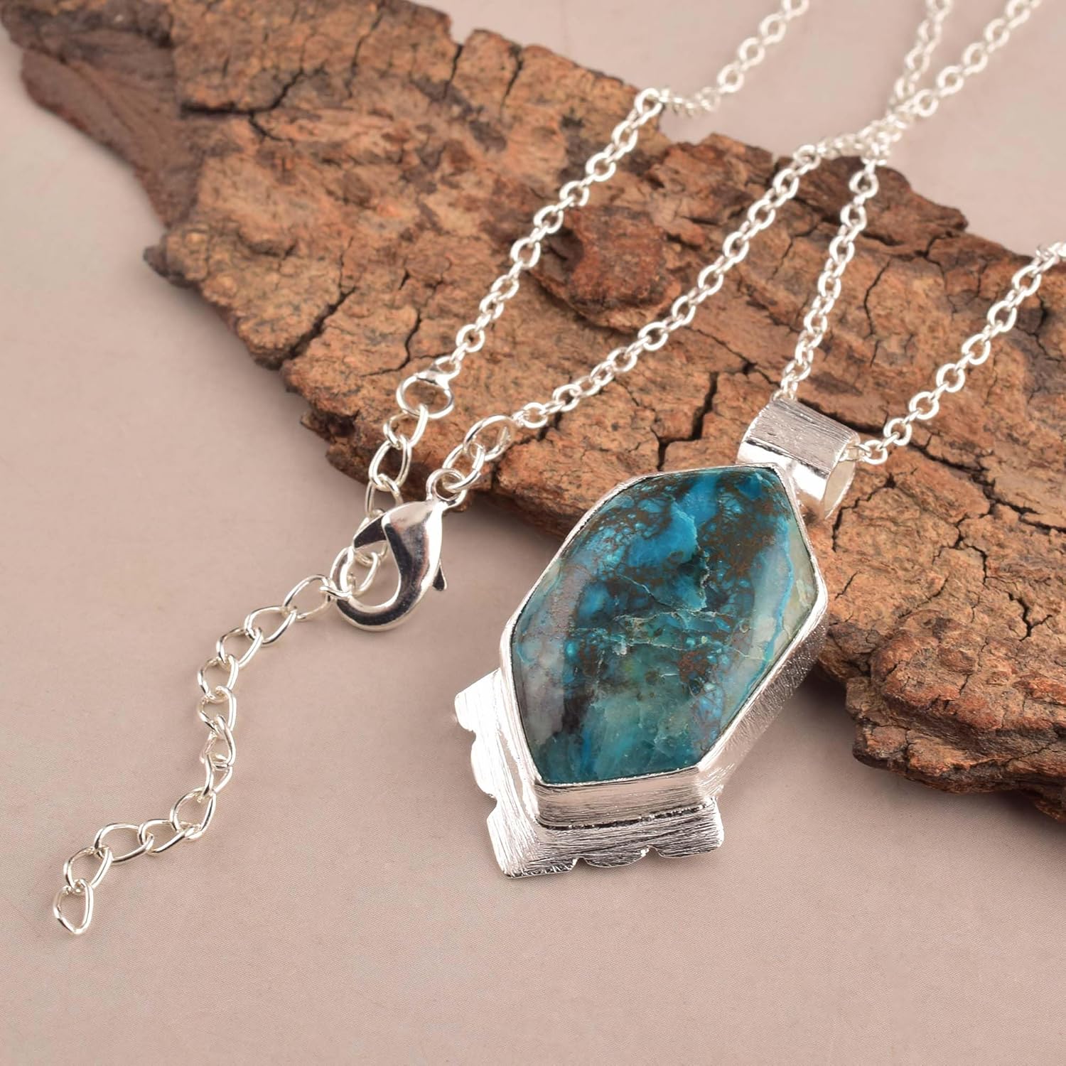 Natural Chrysocolla Crystals Pendant Necklace, Hexagon Cabochon Gemstone, Energy Healing Crystals, Jewelry for Women, Gemstone Jewelry 18 inch AAA+ Quality - Image 2