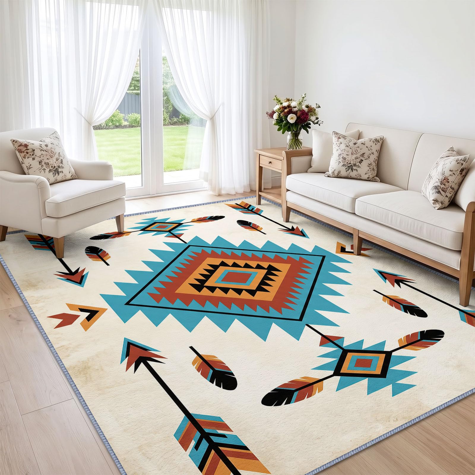 Boho Southwest Azteken dywan z piórami strzałki 160 x 230 cm, można prać w